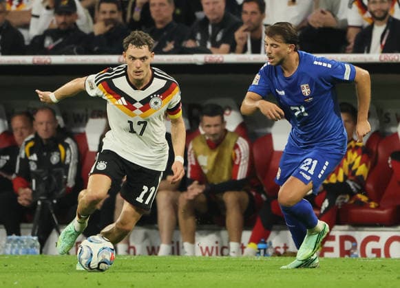 October 1, 2026, Nations League, Germany vs. Serbia, Allianz Arena, Munich, Soccer, Pictured: Florian Wirtz (Germany) vs. Lazar Samardzic (Serbia)