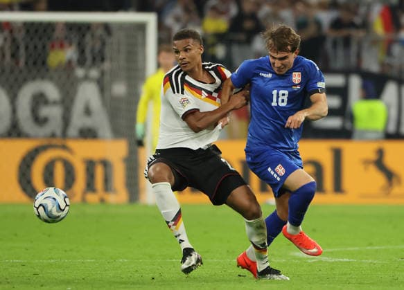 October 1, 2026, Nations League, Germany vs. Serbia, Allianz Arena, Munich, Soccer, Pictured: Malick Thiaw (Germany) vs. Mihajlo Cvetkovic (Serbia)