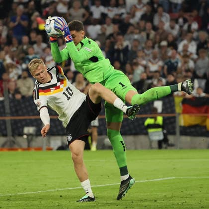October 1, 2026, Nations League, Germany vs. Serbia, Allianz Arena, Munich, Soccer, Pictured: Jonathan Burkardt (Germany) vs. Djordje Pertovic (Serbia)
