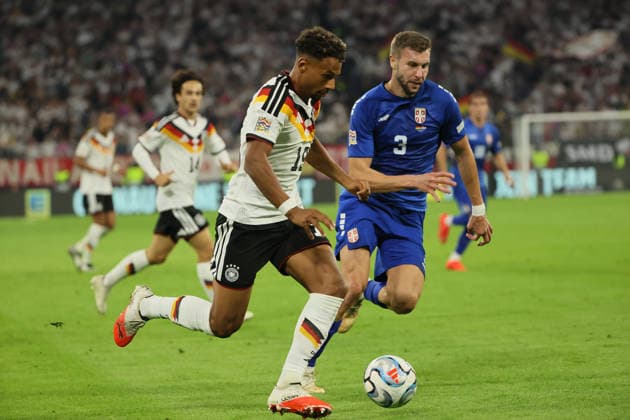 October 1, 2026, Nations League, Germany vs. Serbia, Allianz Arena, Munich, Soccer, Pictured: Bambase Conte (Germany) vs. Strahinja Pavlovic (Serbia)