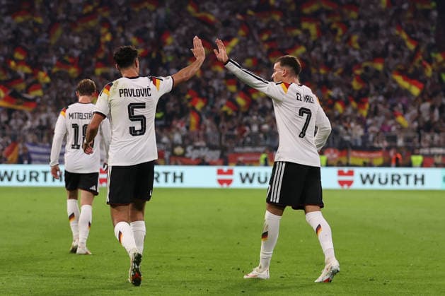 MUNICH, GERMANY - OCTOBER 01: Aleksandar Pavlovic and Said El Mala of Germany national team, Nationalteam goal celebration during the UEFA Nations League 2026 27 League A match between Germany and Serbia at Allianz Arena on October 01, 2026 in Munich, Germany. Germany National team v Serbia National team Copyright: xx