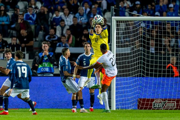 THESSALONIKI, Greece: Goalkeeper Kostas Tzolakis of Greece during the UEFA Nations League match between Greece and the Netherlands at Toumba Stadium on October 1, 2026, in Thessaloniki, Greece. Photo by DeFodi Images