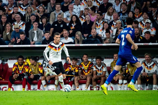 October 1, 2026, GER, Soccer, Men s, UEFA Nations League International Match, League A, Matchday 3, Germany vs. Serbia: Said El Mala (Germany), No. 7, with the ball; next to him, Kosta Nedeljkovic (Serbia), No. 2; behind him, Lennart Karl (Germany), No. 15; David Raum (Germany), 22, Tom Bischof (Germany), 8, Nick Woltemade (Germany), 11 on the bench; Munich, Allianz Arena, Bavaria, Germany Copyright: xNordphoto Memmlerx