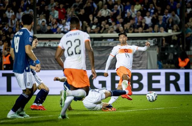THESSALONIKI - Tijjani Reijnders of the Netherlands scores 2-2 during the UEFA Nations League match between Greece and the Netherlands at Toumba Stadium on October 1, 2026, in Greece. KOEN VAN WEEL ANP xVIxANPxSportx xxANPxIVx 571123707 originalFilename: 571123707
