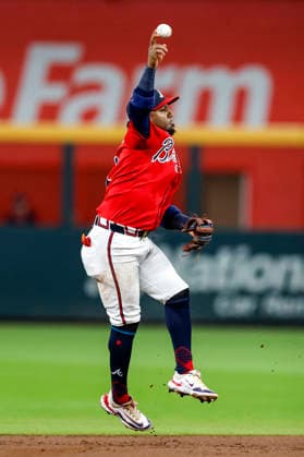 Atlanta Braves second baseman Ozzie Albies (1) makes a play to first base in the first inning against the Philadelphia Phillies in Game 3 of the National League Wildcard Series at Truist Park on Thursday, October 1, 2026 in Atlanta, Georgia.  ATL20261001106a MikexZarrilli