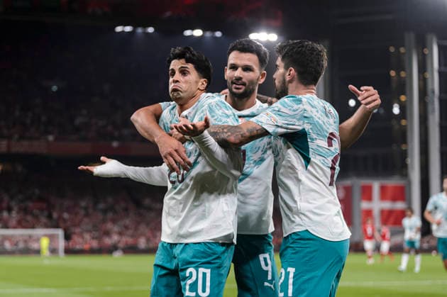 Denmark v Portugal - UEFA Nations League 2026 2027 Copenhagen, Denmark - October 1: Joao Cancelo of Portugal (L) celebrates his goal with teammates during the UEFA Nations League 2026 2027 group D match between Denmark and Portugal at Parken Stadium on October 1, 2026 in Copenhagen, Denmark Copenhagen Parken Stadium Denmark Copyright: xLatinxSportxImagesx