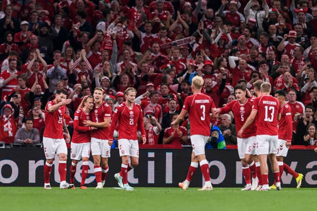 Denmark v Portugal - UEFA Nations League 2026 2027 Copenhagen, Denmark - October 1: Mikkel Damsgaard of Denmark (L) celebrates his goal with teammates during the UEFA Nations League 2026 2027 group D match between Denmark and Portugal at Parken Stadium on October 1, 2026 in Copenhagen, Denmark Copenhagen Parken Stadium Denmark Copyright: xLatinxSportxImagesx
