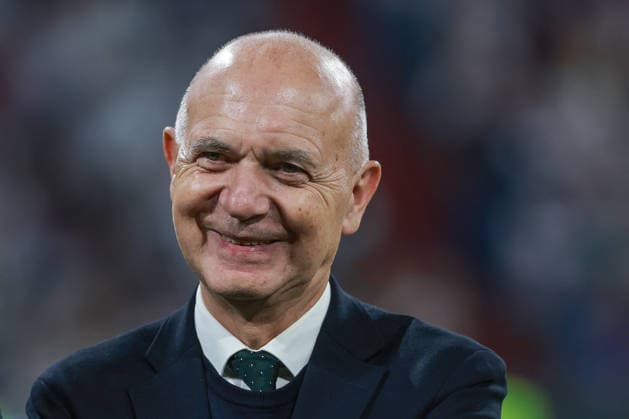 UEFA Nations League 26 27 Germany vs. Serbia on October 1, 2026, at the Allianz Arena in Munich; Bernd Neuendorf, President of the DFB (German Football Association), laughs and smiles MH