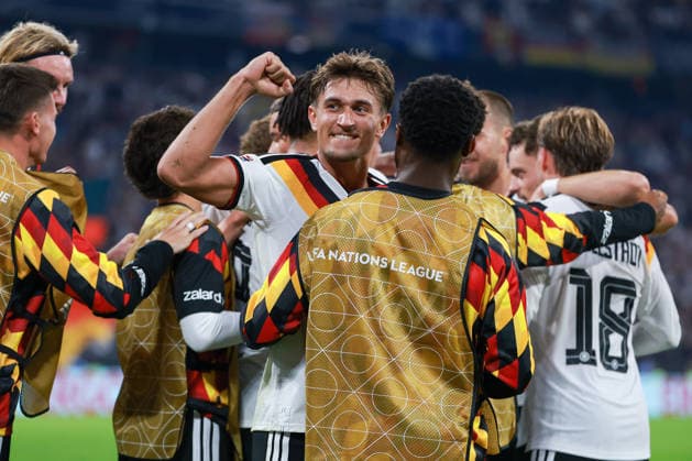 UEFA Nations League, Match 26 vs. 27: Germany vs. Serbia on October 1, 2026, at the Allianz Arena in Munich. Tom Bischof (Germany 8) celebrates joyfully after Florian Wirtz (Germany 17) scores the goal to make it 2–0. MH
