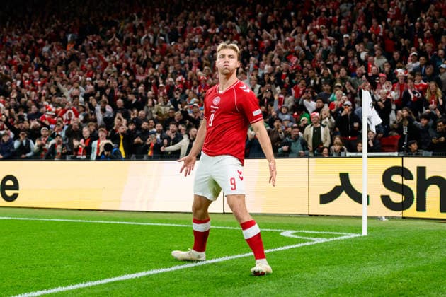 Denmark v Portugal, UEFA Nations League, Copenhagen, Denmark Copenhagen, Denmark. 01st, October 2026. Rasmus Hojlund (9) of Denmark equalises for 2-2 a pays tribute to Ronaldo during the UEFA Nations League match between Denmark and Portugal at Parken in Copenhagen. Denmark, Copenhagen, Parken  Copyright: xGonzalesxPhoto DennisxJacobsenx