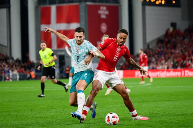Denmark v Portugal, UEFA Nations League, Copenhagen, Denmark Copenhagen, Denmark. 01st, October 2026. Diogo Dalot (2) of Portugal and Nikolas Nartey (15) of Denmark seen during the UEFA Nations League match between Denmark and Portugal at Parken in Copenhagen. Denmark, Copenhagen, Parken  Copyright: xGonzalesxPhoto DennisxJacobsenx
