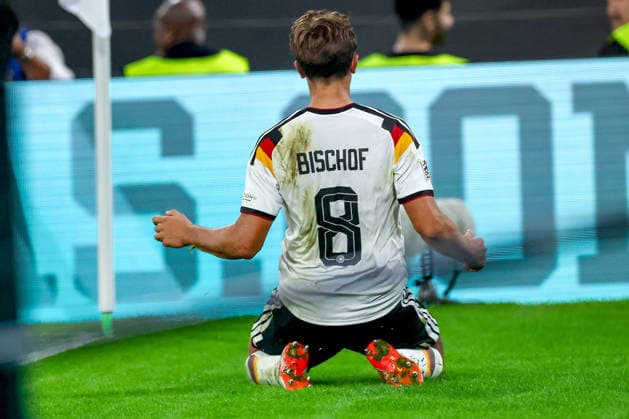 October 1, 2026, Soccer, International Match, Germany vs. Serbia, UEFA Nations League 2026–2027, Matchday 3, Allianz Arena, Munich, 2026–27 season. Celebration after the 1–0 goal by Tom Bischof (GER 8), in accordance with DFB regulations, which prohibit any use of photographs as image sequences and or quasi-video. Bayern Munich, Germany