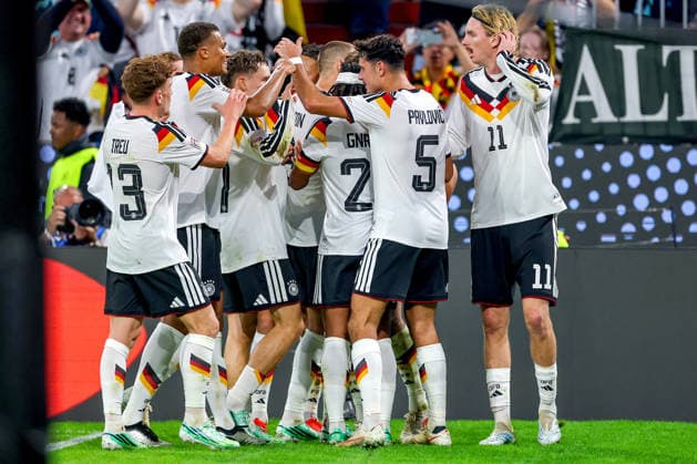 October 1, 2026, Soccer, International Match, Germany vs. Serbia, 2026–2027 UEFA Nations League, Matchday 3, Allianz Arena, Munich, 2026–27 season: Goal celebration after the 1–0 goal by Tom Bischof (GER 8), along with Derry Scherhant (GER 9), Aleksandar Pavlovic (GER 5), Philipp Treu (GER 13), Florian Wirtz (GER 17), and Malick Thiaw GER 2, Nick Woltemade (GER 11). DFB regulations prohibit any use of photographs as image sequences and or quasi-video. Bayern Munich, Germany