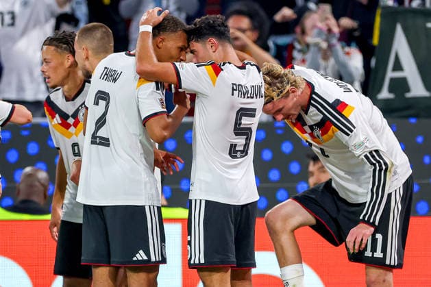 October 1, 2026, Soccer, International Match, Germany vs. Serbia, UEFA Nations League 2026–2027, Matchday 3, Allianz Arena, Munich, 2026–27 season: Goal celebration after the 1–0 goal by Tom Bischof (GER 8) together with Derry Scherhant (GER 9), Aleksandar Pavlovic (GER 5), Philipp Treu (GER 13), Florian Wirtz (GER 17), and Malick Thiaw GER 2, Nick Woltemade (GER 11). DFB regulations prohibit any use of photographs as image sequences and or quasi-video. Bayern, Germany