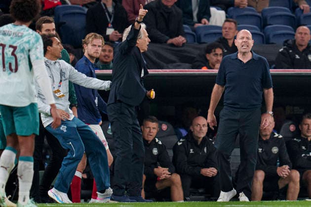 DENMARK Nations League: Denmark vs. Portugal. Denmarks head coach, Brian Riemer, and Portugals national coach, Jorge Jesus, at the end of the Nations League match between Denmark and Portugal at Parken on Thursday, October 1, 2026. Photo by Liselotte Sabroe, Ritzau Scanpix, Copenhagen, Denmark  Copyright: Ritzau Scanpix LiselottexSabroex spdk20261001-230308-L imago is entitled to issue a simple usage license at the time of provision. Personality and trademark rights as well as copyright laws regarding art-works shown must be observed. Commercial use at your own risk., Copenhagen Denmark