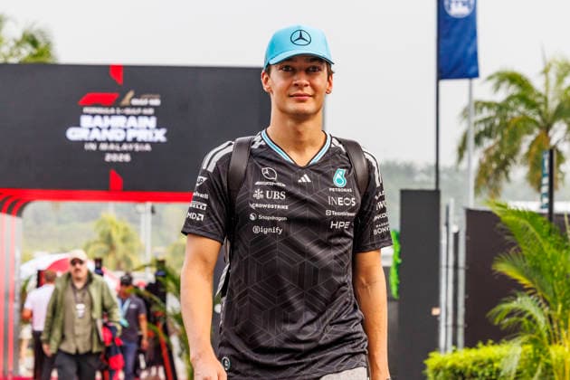 RECORD DATE NOT STATED 2nd October 2026; Sepang IC, Kuala Lumpur, Malaysia; Formula 1, Bahrain Grand Prix, Free Practice Day; George Russell (63) of Great Britain and Mercedes-AMG PETRONAS Formula One Team arriving at the Bahrain Grand Prix StephenxBlackberry