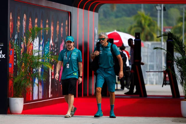 RECORD DATE NOT STATED 2nd October 2026; Sepang IC, Kuala Lumpur, Malaysia; Formula 1, Bahrain Grand Prix, Free Practice Day; Fernando Alonso (14) of Spain and Aston Martin Aramco Formula One Team arriving at the Bahrain Grand Prix StephenxBlackberry