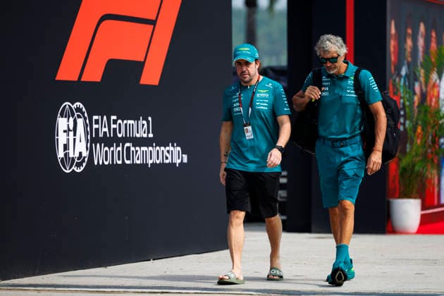 RECORD DATE NOT STATED 2nd October 2026; Sepang IC, Kuala Lumpur, Malaysia; Formula 1, Bahrain Grand Prix, Free Practice Day; Fernando Alonso (14) of Spain and Aston Martin Aramco Formula One Team arriving at the Bahrain Grand Prix StephenxBlackberry