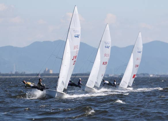 (261002) -- GAMAGORI, Oct. 2, 2026 -- Athletes compete during the Mixed Dinghy Opening Series Race of Sailing at the 20th Asian Games Aichi-Nagoya 2026 in Gamagori of Aichi Prefecture, Japan, Oct. 2, 2026. ) (SP)JAPAN-GAMAGORI-ASIAN GAMES-SAILING-MIXED DINGHY DengxHua