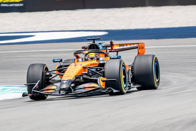 2nd October 2026; Sepang IC, Kuala Lumpur, Malaysia; Formula 1, Bahrain Grand Prix, Free Practice Day; Oscar Piastri (81) of Australia and McLaren Mastercard F1 Team tears into turn 1 DavidxAsh
