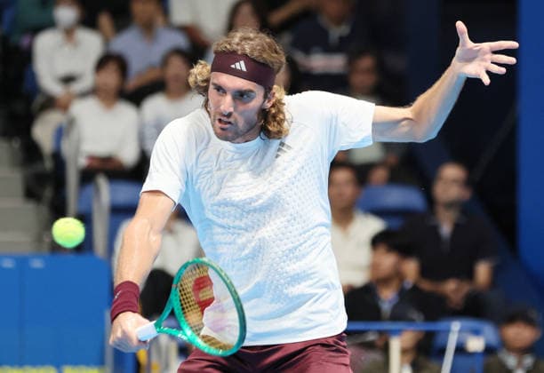 October 1, 2026, Tokyo, Japan - Stefanos Tsitsipas of Greece returns the ball against Valentin Vacherot of Monaco during the second round match of the Japan Open tennis championship at the Ariake Colosseum in Tokyo on Friday, October 2, 2026. (photo by Yoshio Tsunoda AFLO) Noxthirdxpartyxsales  0868395913st YoshioxTsunodax