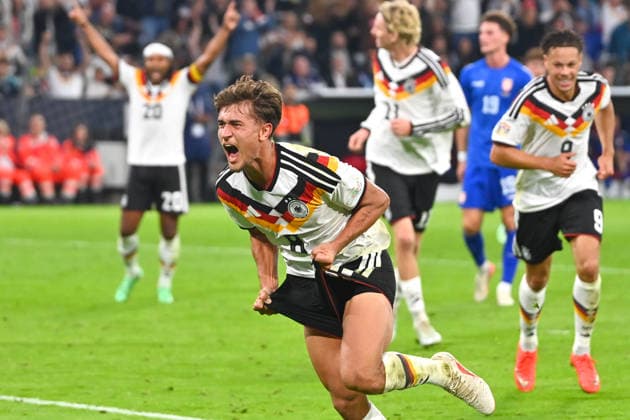 Goal celebration: Tom BISCHOF (GER) after scoring the 1-0 goal, Celebration, Joy, Excitement, Action, Single Frame, Cropped Single Shot, Half-Figure, Half-Body Shot; UEFA Nations League Group Stage, Group B, Matchday 3: Germany (GER) vs. Serbia (SRB) 2–0 on October 1, 2026, ALLIANZ ARENA