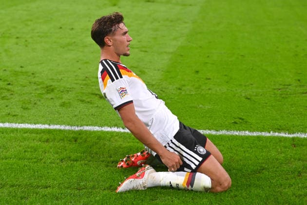 Tom BISCHOF (GER) celebrating after scoring the 1-0 goal; celebration, joy, excitement, action, individual play, single frame, cutout, full-body shot, full figure; UEFA Nations League group stage, Group B, Matchday 3: Germany (GER) vs. Serbia (SRB) 2–0 on October 1, 2026, Allianz Arena
