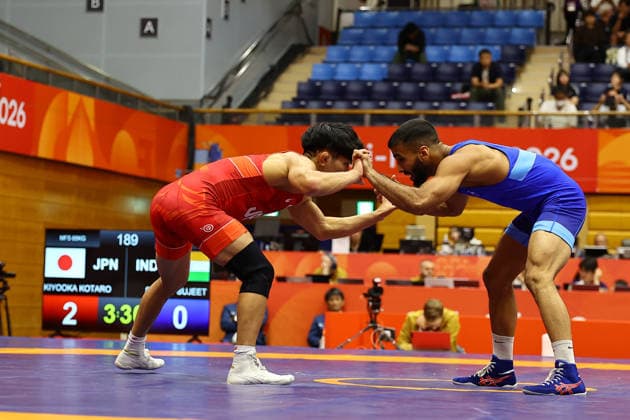 Asian Games 2026 Aichi-Nagoya, Japan Wrestling MFS 65 Kg Semifinals India™s Sujeet Vs Japan™s Olympic Gold Medalist KIYOOKA Katora Sujeet won by 3-3 and entered finals. VPOI 3-1 with points - with Point (s) scored by the opponent. Aichi, Nagoya Japan Copyright: xSeshadrixSukumarx