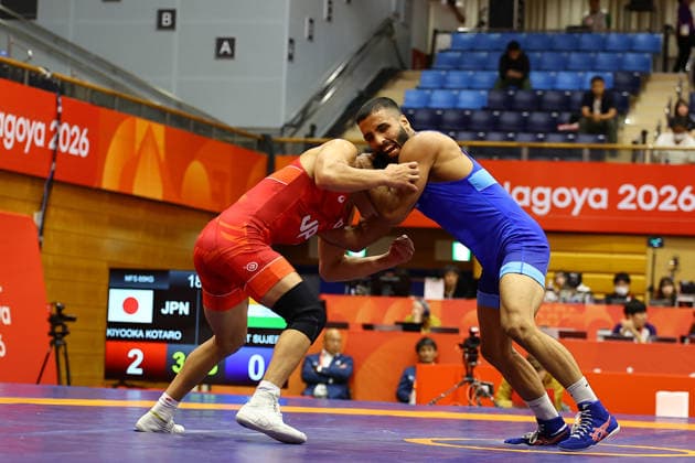 Asian Games 2026 Aichi-Nagoya, Japan Wrestling MFS 65 Kg Semifinals India™s Sujeet Vs Japan™s Olympic Gold Medalist KIYOOKA Katora Sujeet won by 3-3 and entered finals. VPOI 3-1 with points - with Point (s) scored by the opponent. Aichi, Nagoya Japan Copyright: xSeshadrixSukumarx