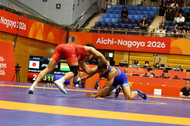 Asian Games 2026 Aichi-Nagoya, Japan Wrestling MFS 65 Kg Semifinals India™s Sujeet Vs Japan™s Olympic Gold Medalist KIYOOKA Katora Sujeet won by 3-3 and entered finals. VPOI 3-1 with points - with Point (s) scored by the opponent. Aichi, Nagoya Japan Copyright: xSeshadrixSukumarx