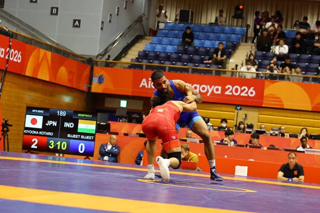 Asian Games 2026 Aichi-Nagoya, Japan Wrestling MFS 65 Kg Semifinals India™s Sujeet Vs Japan™s Olympic Gold Medalist KIYOOKA Katora Sujeet won by 3-3 and entered finals. VPOI 3-1 with points - with Point (s) scored by the opponent. Aichi, Nagoya Japan Copyright: xSeshadrixSukumarx