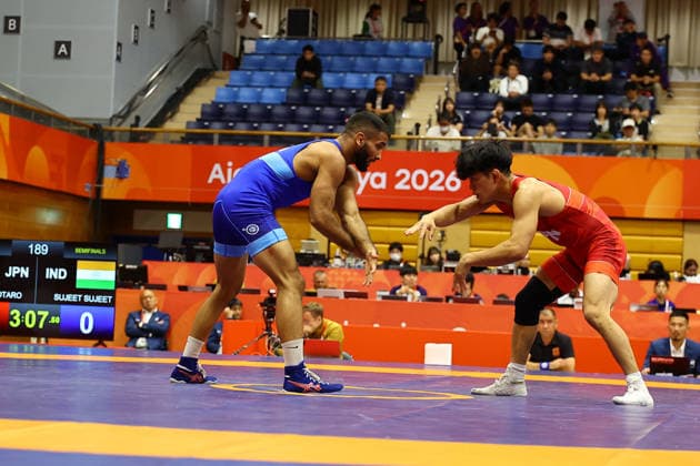 Asian Games 2026 Aichi-Nagoya, Japan Wrestling MFS 65 Kg Semifinals India™s Sujeet Vs Japan™s Olympic Gold Medalist KIYOOKA Katora Sujeet won by 3-3 and entered finals. VPOI 3-1 with points - with Point (s) scored by the opponent. Aichi, Nagoya Japan Copyright: xSeshadrixSukumarx