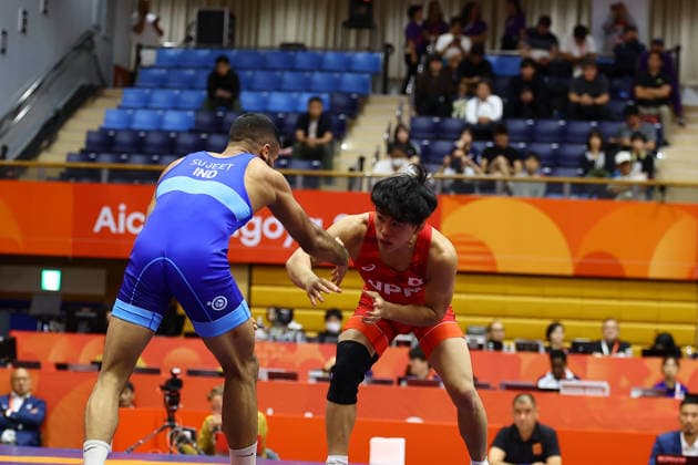 Asian Games 2026 Aichi-Nagoya, Japan Wrestling MFS 65 Kg Semifinals India™s Sujeet Vs Japan™s Olympic Gold Medalist KIYOOKA Katora Sujeet won by 3-3 and entered finals. VPOI 3-1 with points - with Point (s) scored by the opponent. Aichi, Nagoya Japan Copyright: xSeshadrixSukumarx