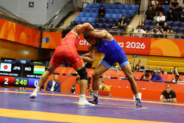 Asian Games 2026 Aichi-Nagoya, Japan Wrestling MFS 65 Kg Semifinals India™s Sujeet Vs Japan™s Olympic Gold Medalist KIYOOKA Katora Sujeet won by 3-3 and entered finals. VPOI 3-1 with points - with Point (s) scored by the opponent. Aichi, Nagoya Japan Copyright: xSeshadrixSukumarx