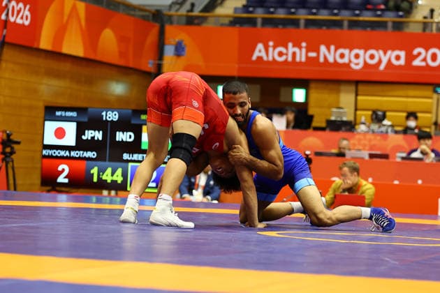 Asian Games 2026 Aichi-Nagoya, Japan Wrestling MFS 65 Kg Semifinals India™s Sujeet Vs Japan™s Olympic Gold Medalist KIYOOKA Katora Sujeet won by 3-3 and entered finals. VPOI 3-1 with points - with Point (s) scored by the opponent. Aichi, Nagoya Japan Copyright: xSeshadrixSukumarx
