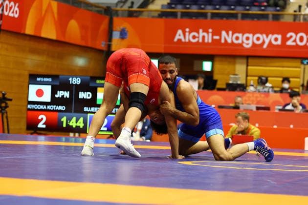 Asian Games 2026 Aichi-Nagoya, Japan Wrestling MFS 65 Kg Semifinals India™s Sujeet Vs Japan™s Olympic Gold Medalist KIYOOKA Katora Sujeet won by 3-3 and entered finals. VPOI 3-1 with points - with Point (s) scored by the opponent. Aichi, Nagoya Japan Copyright: xSeshadrixSukumarx
