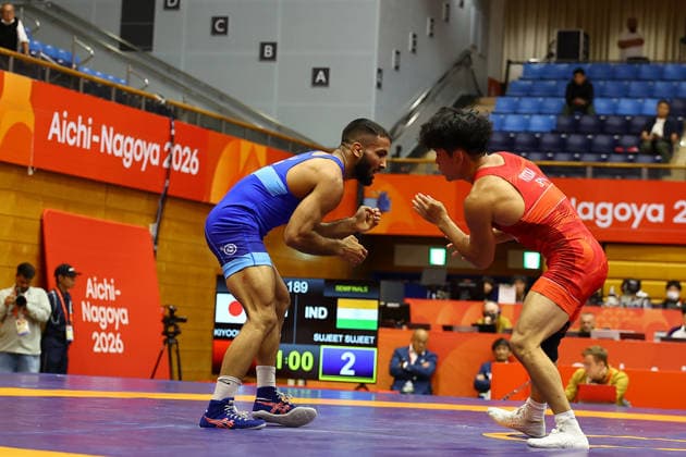 Asian Games 2026 Aichi-Nagoya, Japan Wrestling MFS 65 Kg Semifinals India™s Sujeet Vs Japan™s Olympic Gold Medalist KIYOOKA Katora Sujeet won by 3-3 and entered finals. VPOI 3-1 with points - with Point (s) scored by the opponent. Aichi, Nagoya Japan Copyright: xSeshadrixSukumarx