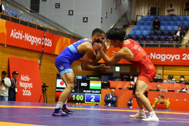 Asian Games 2026 Aichi-Nagoya, Japan Wrestling MFS 65 Kg Semifinals India™s Sujeet Vs Japan™s Olympic Gold Medalist KIYOOKA Katora Sujeet won by 3-3 and entered finals. VPOI 3-1 with points - with Point (s) scored by the opponent. Aichi, Nagoya Japan Copyright: xSeshadrixSukumarx