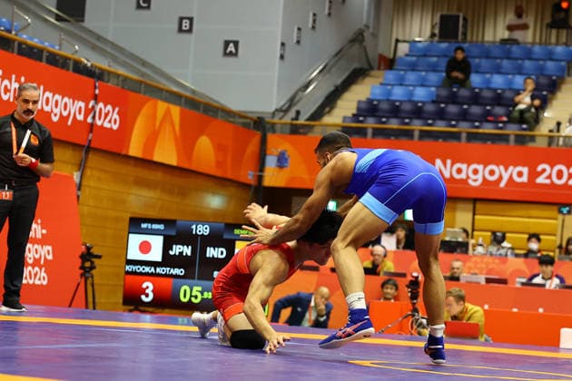Asian Games 2026 Aichi-Nagoya, Japan Wrestling MFS 65 Kg Semifinals India™s Sujeet Vs Japan™s Olympic Gold Medalist KIYOOKA Katora Sujeet won by 3-3 and entered finals. VPOI 3-1 with points - with Point (s) scored by the opponent. Aichi, Nagoya Japan Copyright: xSeshadrixSukumarx