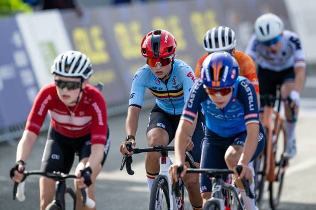 Belgian Fleur Moors is pictured in action during the Women U23 Road Race race (88,4km) at the cycling UEC Road European Championships, in Ljubljana, Slovenia Friday 2 October 2026. The UEC Road European Championships are taking place from 02 to 07 October in Ljubljana, Slovenia. JASPER JACOBS DAVIDxPINTENS  x188516856x
