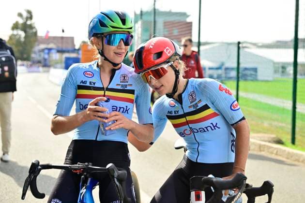 UEC 2026 Road European Championships Ljubljana 02 10 2026 SENCUR, SLOVENIA - OCTOBER 02 : Moerman Tess (BEL) and Moors Fleur (BEL) during the Women U23 cycling road race at the 2026 UEC Road European Championships. An UCI Continental Championships cycling race of 88,4 km with start and finsih in Sencur on October 2, 2026 in Sencur, Slovenia, 02 10 2026 Sencur Slovenia  Copyright: xJanxDexMeuleneirx