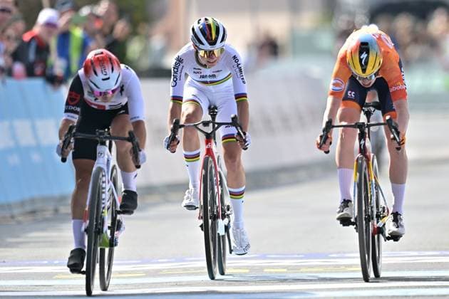 Swiss Mara Winter, Dutch Nienke Vinke and Slovakian Viktoria Chladonova pictured at the finish line of the Women U23 Road Race race (88,4km) at the cycling UEC Road European Championships, in Ljubljana, Slovenia Friday 2 October 2026. The UEC Road European Championships are taking place from 02 to 07 October in Ljubljana, Slovenia. DAVIDxPINTENS  x188521159x