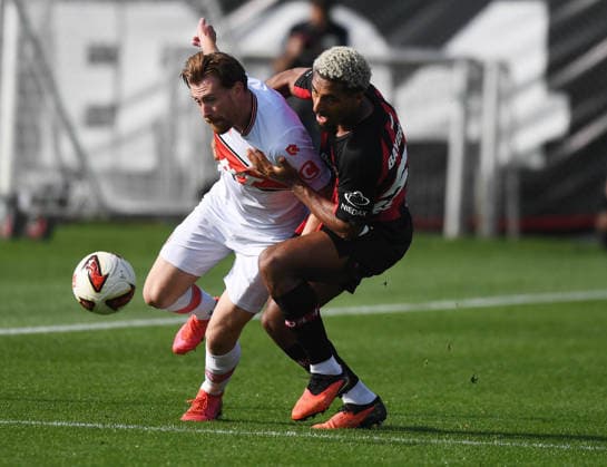 October 2, 2026, xophax, Soccer, Bundesliga 1, Bayer 04 Leverkusen vs. Fortuna Köln (friendly match); Loic Bade, Bayer 04 (right), and Jannik Mause, SC Fortuna Köln (left); Leverkusen