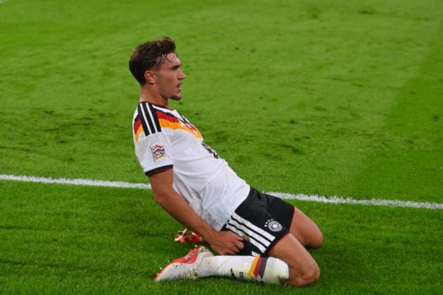 Goal celebration: Tom BISCHOF (GER) after scoring the 1-0 goal—celebration, joy, excitement, action, individual play, single frame, cutout, full-body shot, full figure. UEFA Nations League group stage, Group B, Matchday 3: Germany (GER) vs. Serbia (SRB) 2–0 on October 1, 2026, Allianz Arena