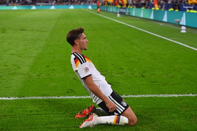 Goal celebration: Tom BISCHOF (GER) after scoring the 1-0 goal—celebration, joy, excitement, action, individual play, single frame, cutout, full-body shot, full figure. UEFA Nations League group stage, Group B, Matchday 3: Germany (GER) vs. Serbia (SRB) 2–0 on October 1, 2026, Allianz Arena