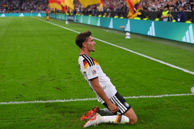 Goal celebration: Tom BISCHOF (GER) after scoring the 1-0 goal—celebration, joy, excitement, action, individual play, single frame, cutout, full-body shot, full figure. UEFA Nations League group stage, Group B, Matchday 3: Germany (GER) vs. Serbia (SRB) 2–0 on October 1, 2026, Allianz Arena