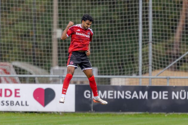 Nuremberg, Germany, October 2, 2026; Friendly Match 2026–2027: 1. FC Nürnberg vs. FC Ingolstadt 04. Pictured: Rayan Ghrieb of FCN celebrates after scoring the goal that made it 2–0 at Sportpark Valznerweiher, Bavaria. Copyright: xFotostandx xSchäferx