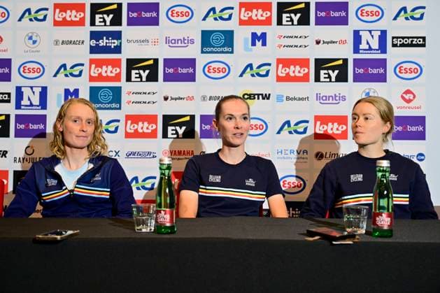 UEC 2026 Road European Championships Ljubljana - media activities 02 10 2026 LJUBLJANA, SLOVENIA - OCTOBER 02 : Claes Lotte (BEL), Tas Sandrine (BEL) and Vanpachtenbeke Margot (BEL) during a press conference, PK, Pressekonferenz at the 2026 UEC Road European Championships. An UCI Continental Championships cycling race of 88,4 km with start and finsih in Sencur on October 2, 2026 in Ljubljana, Slovenia, 02 10 2026 Ljubljana Slovenia  Copyright: xJanxDexMeuleneirx