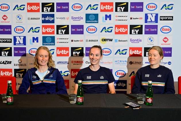 UEC 2026 Road European Championships Ljubljana - media activities 02 10 2026 LJUBLJANA, SLOVENIA - OCTOBER 02 : Claes Lotte (BEL), Tas Sandrine (BEL) and Vanpachtenbeke Margot (BEL) during a press conference, PK, Pressekonferenz at the 2026 UEC Road European Championships. An UCI Continental Championships cycling race of 88,4 km with start and finsih in Sencur on October 2, 2026 in Ljubljana, Slovenia, 02 10 2026 Ljubljana Slovenia  Copyright: xJanxDexMeuleneirx