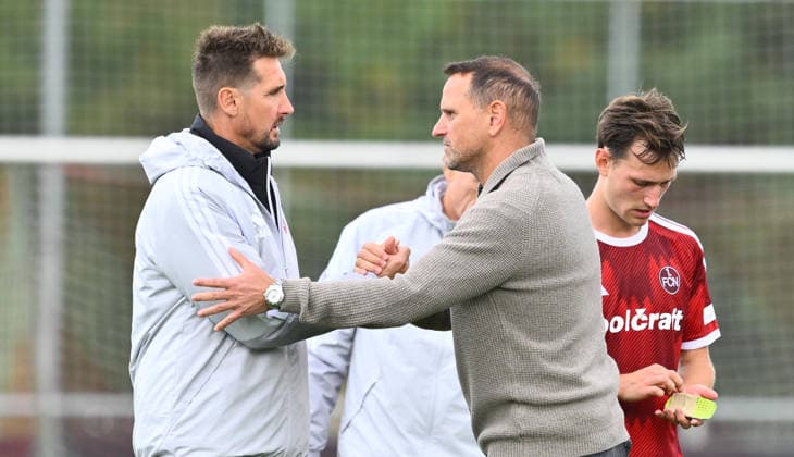 October 2, 2026 Soccer Season 2026–2027 Exhibition Match Friendly Match Preseason Match 1. FC Nürnberg Nuremberg FCN Club FC Ingolstadt FCI Schanzer Sports Photo Zink xwoxzix Miroslav Miro Klose Coach 1. FC Nürnberg FCN Joti Chatzialexiou, Director of Sports, 1 FC Nuremberg FCN Handshake